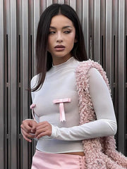 Pydshop Splice Bow Shirts For Women Slim O Neck Long Sleeve Crop Tops Female 2024 Autumn Fashion Bodycon White Tshirts Ladies NewChristmas Gifts