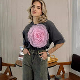 Pydshop 3D Mesh Flower T-shirt For Women Short Sleeved Round Neck Loose Patchwork Top Female Summer Casual Y2K Hot Girl T-shirtChristmas Gifts