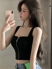 Pydshop 2024 Y2K Top Women Zipper Fly Camisoles Knitted Sexy Summer Tank Tops Sleeveless Female Solid Crop Top