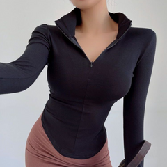 Pydshop 2024 New Sporty Tops Black Short Jogger T-shirt Women Clothes Slim fit Long Sleeves Zipper Crop Top Skinny Autumn Stretch tshirt