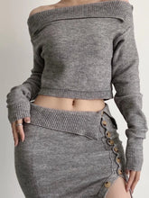 Pydshop Taruxy Knitted Skirt Sets Two Piece Off Shoulder Long Sleeve Tops High Waist Mini Skirts 2022 Autumn Matching Set Co-Ord Outfits