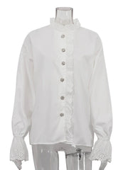 Pydshop Retro Diamond Ruffled Shirt For Women Stand Color White Top Casual Fashion Flare Long Sleeve Single Breasted Lady Blouses