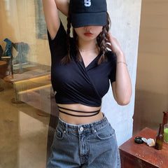 Pydshop Summer Casual Tee Tops Women T shirts Solid V-neck Sexy Cropped Top Cross Tie-Up Harajuku Basic Korean Street T-shirts mujer Y2k