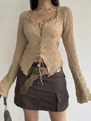 Pydshop 2024 Fashion Woman tops y2k style Vintage Square Neck Ruffles Lace Top