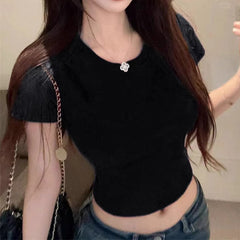 Pydshop Fashion Women T-shirt Short Sleeve O Neck Solid Slim Fit Ladies Crop Top Butterfly Hollow Backless for Casual Tops Summer 2024