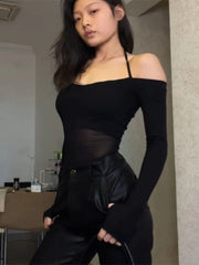 Pydshop Long Sleeve Top Womens Halter 2024 Casual Tee Shirt Gauze Trendy Off Shoulder T Shirts Femme Y2k Crop Top Streetwear Party Club