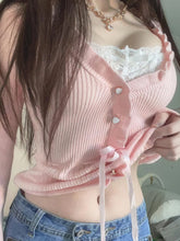 Pydshop 2024 Fashion Woman tops y2k style Sweet Pink Knitted Lace Patched Buttons Top