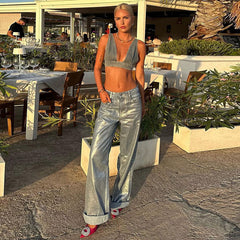 Pydshop Sexy Denim Crop Top For Women Deep V-neck Button-Down Backless Vintage Solid Hot Gril Y2K Beach Holiday Summer New TanksChristmas Gifts