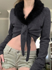 Pydshop 2024 Fashion Woman tops y2k style Vintage Fluffy Faux Fur Trim Collar Crop Top