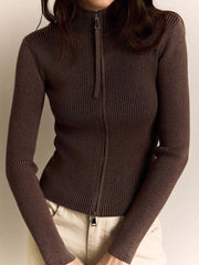 Pydshop Zipper Slim Knitted Cardigan Female Stand Collar Long Sleeve Top High Waist 2025 New Rib Sweater Bottoming Ladies SolidChristmas Gifts