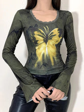 Pydshop 2024 Fashion Woman tops y2k style Vintage Butterfly Printed Flare Sleeve Crop Top