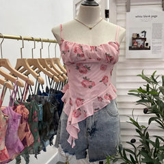 Pydshop 2024 New Ladies Hot Girl Tube Top Irregular Camisole Slim Fit Printed Mesh Sleeveless Top Ruffled Vest Party Leisure Essential