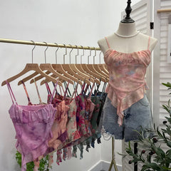 Pydshop 2024 New Ladies Hot Girl Tube Top Irregular Camisole Slim Fit Printed Mesh Sleeveless Top Ruffled Vest Party Leisure Essential