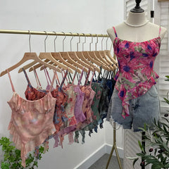 Pydshop 2024 New Ladies Hot Girl Tube Top Irregular Camisole Slim Fit Printed Mesh Sleeveless Top Ruffled Vest Party Leisure Essential