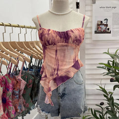 Pydshop 2024 New Ladies Hot Girl Tube Top Irregular Camisole Slim Fit Printed Mesh Sleeveless Top Ruffled Vest Party Leisure Essential