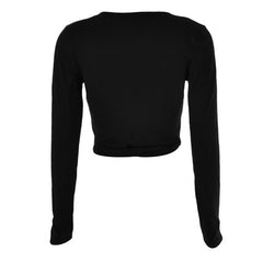Basic Sexy Crop Top Women Long Sleeve T-Shirts Deep V Neck Slim Bandage Bowknot Pullovers Solid Color Sexy Tee Top Female