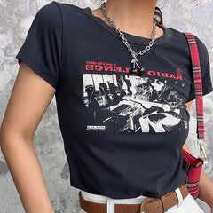 Pydshop 90S Vintage Classic Rock Graphic Slim T-Shirt Women Harajuku Summer O-Neck Short-Sleeve Femme Casual Fun Streetwear Y2k Crop Top
