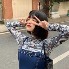 Pydshop Tie-Dye Women Tops Bottoming Cute Tees Y2K Harajuku Summer Streetwear Hot Girl E-Girls Gothic Punk Silk Mesh Short Slim T-Shirt