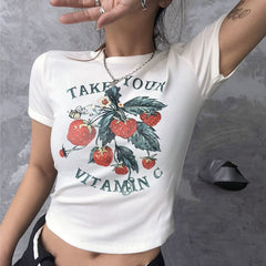 Pydshop 90s Vintage Cute Casual Sweet Strawberry Print Crop Top Summer Harajuku Streetwear kawaii Graphics Y2K Slim Letter Women T-Shirt