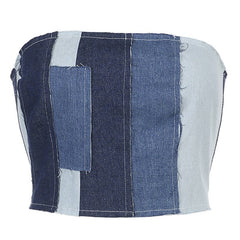 2022 Women Tube Tops Stitching Color Patchwork Sleeveless Backless Bandage Lace-Up Bandage Slim Fit Summer Tops