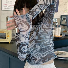 Pydshop Tie-Dye Women Tops Bottoming Cute Tees Y2K Harajuku Summer Streetwear Hot Girl E-Girls Gothic Punk Silk Mesh Short Slim T-Shirt