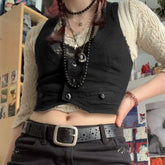 Pydshop y2k Vintage Button Corset Top Black Sleeveless Tank Tops Skinny V Neck Aesthetic Punk Crop Top Grunge Fairycore Women Mini Vests