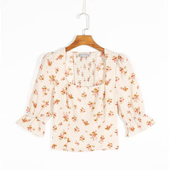 Pydshop Summer Tops Women Clothing Square Neck Flare Sleeve Shirred Vintage Blouses For Women Elegant Floral Print Chiffon Blouse Top