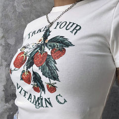 Pydshop 90s Vintage Cute Casual Sweet Strawberry Print Crop Top Summer Harajuku Streetwear kawaii Graphics Y2K Slim Letter Women T-Shirt