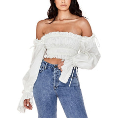 2022 Women T-Shirt Female Long Flare Sleeve Off-the-Shoulder Short Tops Elegant Ladies Ruffles Solid Slim Ruched Clothing