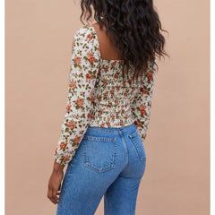 Pydshop Blouses Fashion Women Sweetheart Neck Elegant Chiffon Blouse Long Sleeve Vintage Floral Print Top Slim Fitted Womens Tops