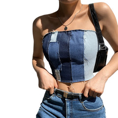 2022 Women Tube Tops Stitching Color Patchwork Sleeveless Backless Bandage Lace-Up Bandage Slim Fit Summer Tops