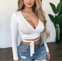 Basic Sexy Crop Top Women Long Sleeve T-Shirts Deep V Neck Slim Bandage Bowknot Pullovers Solid Color Sexy Tee Top Female