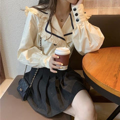 Pydshop Back to college Shirts Womens Spring Autumn Elegant Ruffles Sailor Collar Casual Blouses Ladies Kawaii Korean Style Harajuku Female Tops Trendy