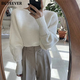 Pydshop Elegant Slash Neck Lantern Sleeve Female Knitting Tops 2022 Autumn Winter Loose Women Pullover Sweaters Ladies Knitwear
