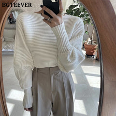 Pydshop Elegant Slash Neck Lantern Sleeve Female Knitting Tops 2022 Autumn Winter Loose Women Pullover Sweaters Ladies Knitwear