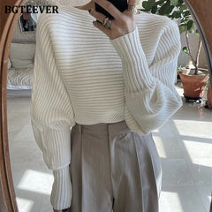 Pydshop Elegant Slash Neck Lantern Sleeve Female Knitting Tops 2022 Autumn Winter Loose Women Pullover Sweaters Ladies Knitwear