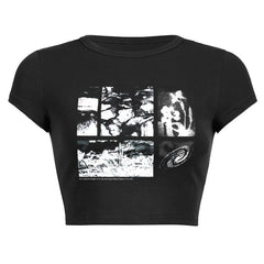 Pydshop 90s Black Goth Harajuku Vintage Grunge Graphic Slim Short Crop Top Streetwear Sexy Summer Harajuku Y2K Punk Casual Women T-Shirt