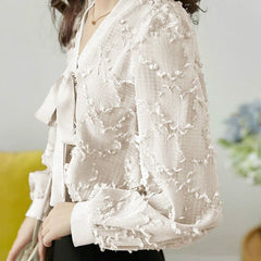 Blouses Women V-neck Bow New Arrival Lantern Sleeve Elegant Office Lady Korean Style Loose Casual Trendy Chic Shirts Female Tops