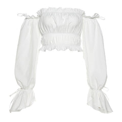 2022 Women T-Shirt Female Long Flare Sleeve Off-the-Shoulder Short Tops Elegant Ladies Ruffles Solid Slim Ruched Clothing