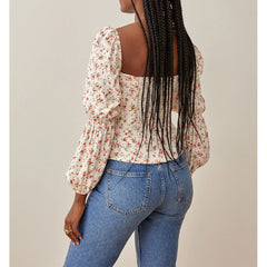 Pydshop Vacation Beach Summer Tops For Women Fashion Elegant Blouses Square Neck Puff Sleeve Blouse Floral Print Long Sleeve Top