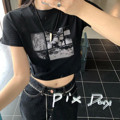 Pydshop 90s Black Goth Harajuku Vintage Grunge Graphic Slim Short Crop Top Streetwear Sexy Summer Harajuku Y2K Punk Casual Women T-Shirt