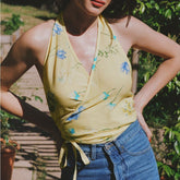 Pydshop Floral Print Women Warp Slim Tank Top 2022 New Summer Halterneck Waist Lace-Up Backless Vest Bottoming Top