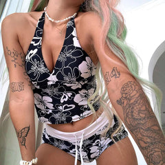 Pydshop Vintage Y2K Bohemian Floral Print Crop Top Summer Beach Style Sexy V-neck Backless Halter Cami Top Women Aesthetic Streetwear