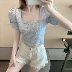 Blouses Women Folds Harajuku Slim Fashion Office Cropped Solid Casual Puff-sleeve Cozy Tops Retro Classic Elegant Plain Students