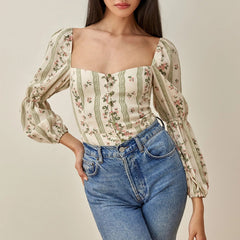 Pydshop Vacation Beach Summer Tops For Women Fashion Elegant Blouses Square Neck Puff Sleeve Blouse Floral Print Long Sleeve Top