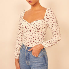 Pydshop Blouses Fashion Women Sweetheart Neck Elegant Chiffon Blouse Long Sleeve Vintage Floral Print Top Slim Fitted Womens Tops