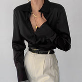 Pydshop 2024 V Neck Long Sleeve Satin Shirt Women Elegant Autumn Winter Black Fashion Blouse Lady Office Tops