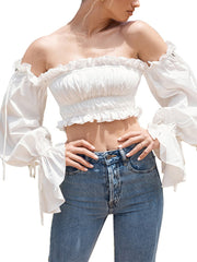 2022 Women T-Shirt Female Long Flare Sleeve Off-the-Shoulder Short Tops Elegant Ladies Ruffles Solid Slim Ruched Clothing