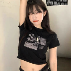 Pydshop 90s Black Goth Harajuku Vintage Grunge Graphic Slim Short Crop Top Streetwear Sexy Summer Harajuku Y2K Punk Casual Women T-Shirt