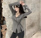 Back to college T-Shirts Women Solid Fashion Slim Summer New All-Match Korean Style Leisure V-Neck Irregular Long Sleeve Comfortable Female Tops